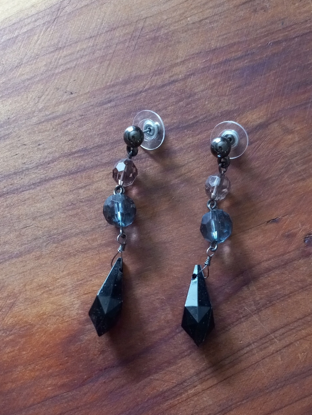 Gunmetal Beaded Drop Earrings Black Faceted Crystal Prisms